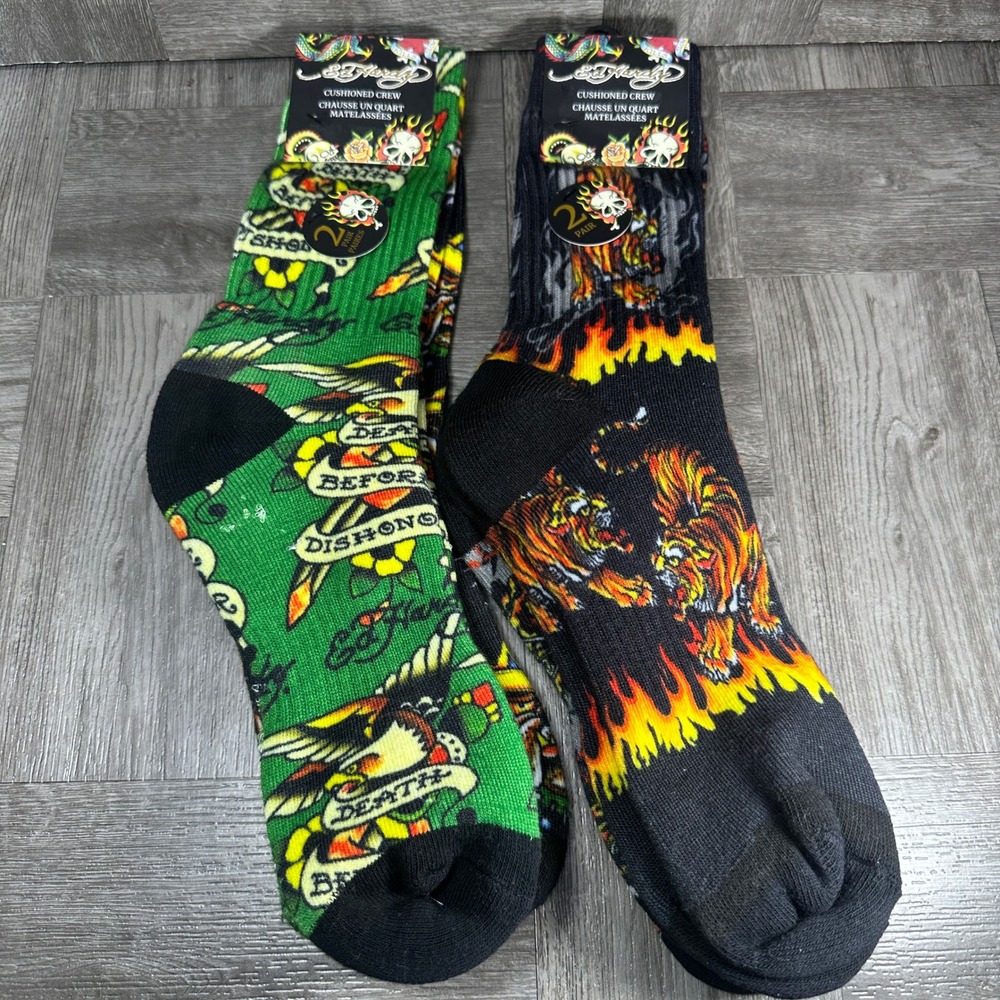 Ed Hardy Mens L 6-12 Crew Socks Tiger Tattoo Green Black 4 Pairs NEW